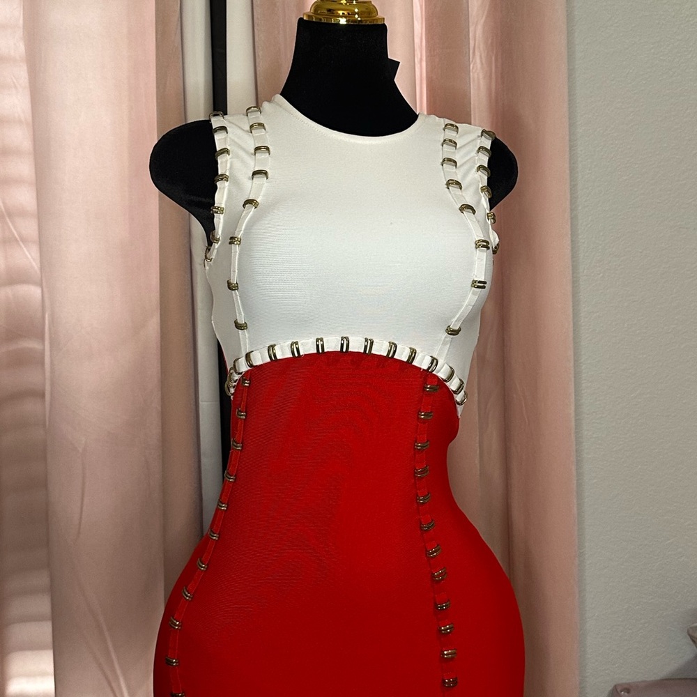 Chic White and Red Dress with Gold Accents